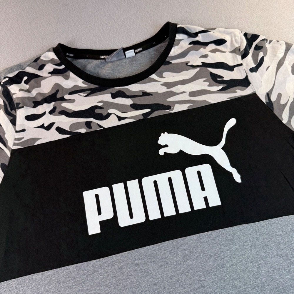 PUMA Graphic Tee Mens Camo Colorblock Logo T-Shirt Gray Black Size XXL